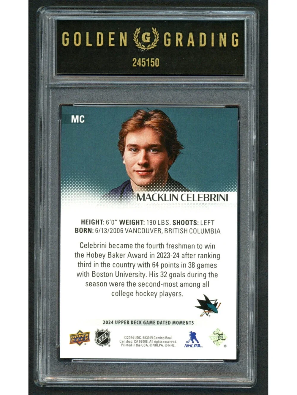 2024 Upper Deck GDM # MC Macklin Celebrini 1st Pick Rookie (RC) Grade Mint 9